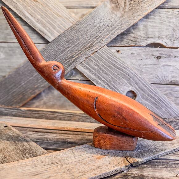 1960’s MidCentury Modern Primitive Hand Carved Wooden Shore Bird, 8.5”H x 11”W - Picture 3 of 8